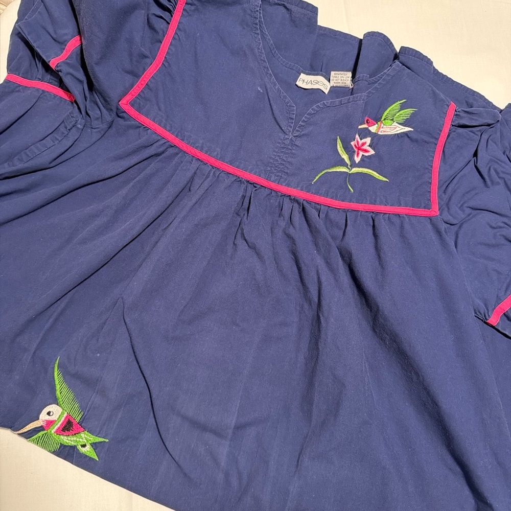 Phases Blue Embroidered Bird & Floral Dress size M vintage